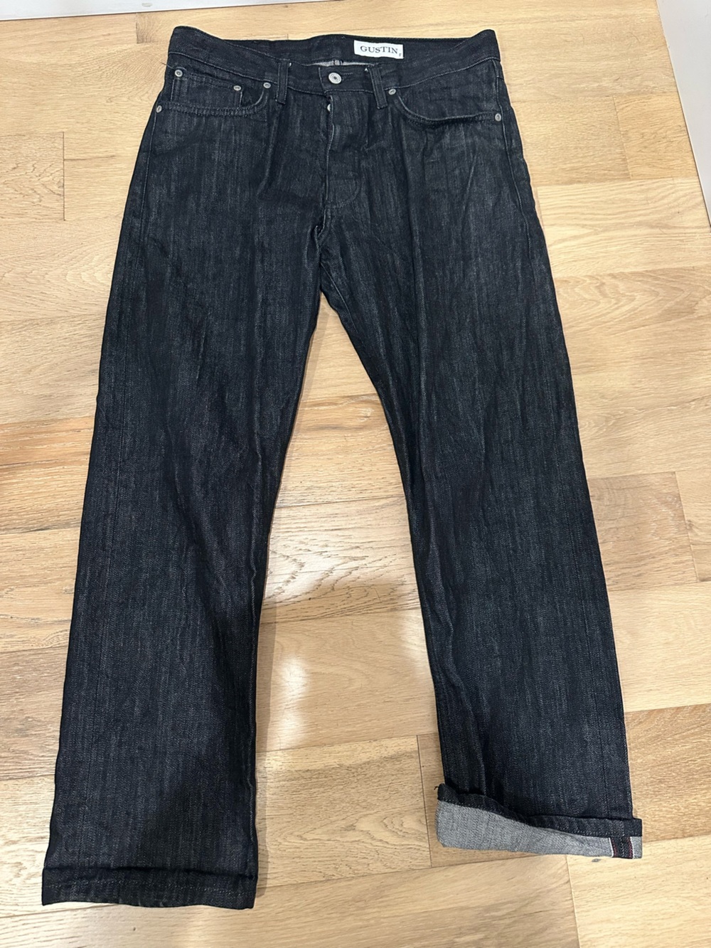 Gustin Mens Sz 34 Raw Selvedge Jeans California Straight Button Fly Italy Black